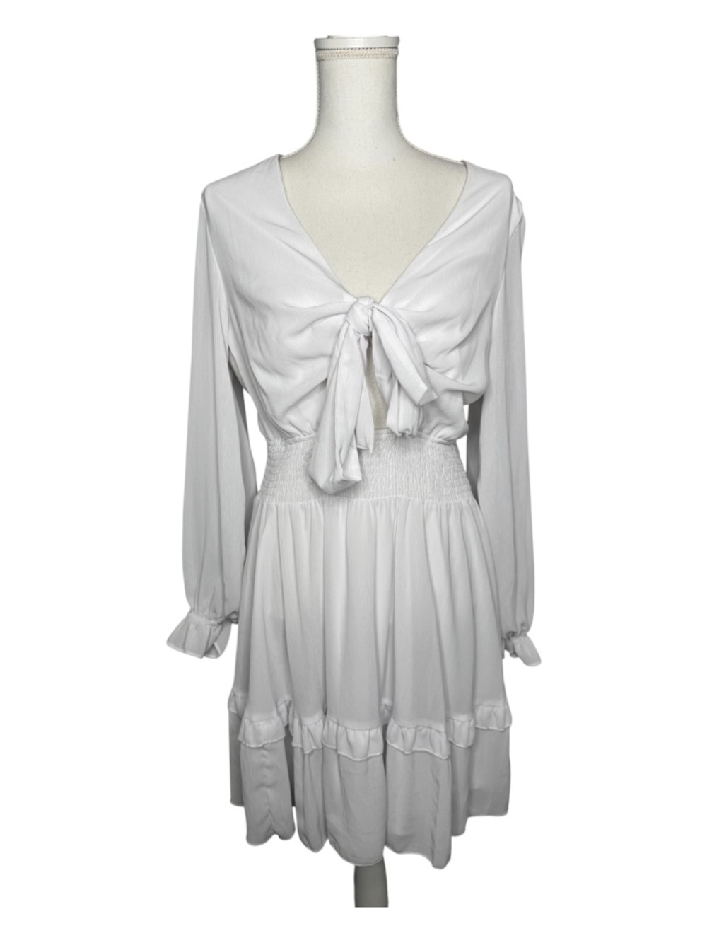 White Large Long Sleeve Tie Front Smocked Mini Dress lightweight sheer chiffon